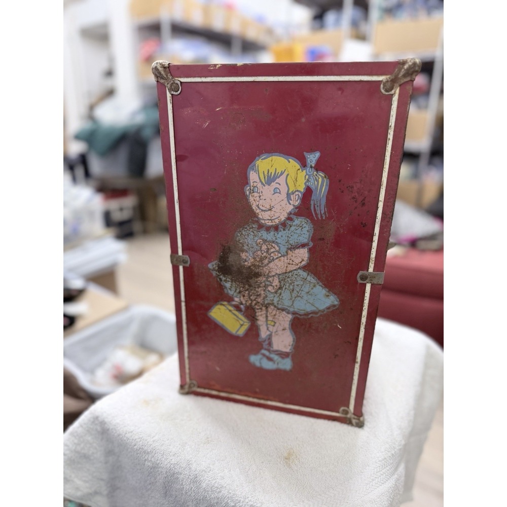 Vintage DOLL CLOTHES TRUNK Wardrobe Carrying‎ Case RED METAL 15inX9.5inX9in